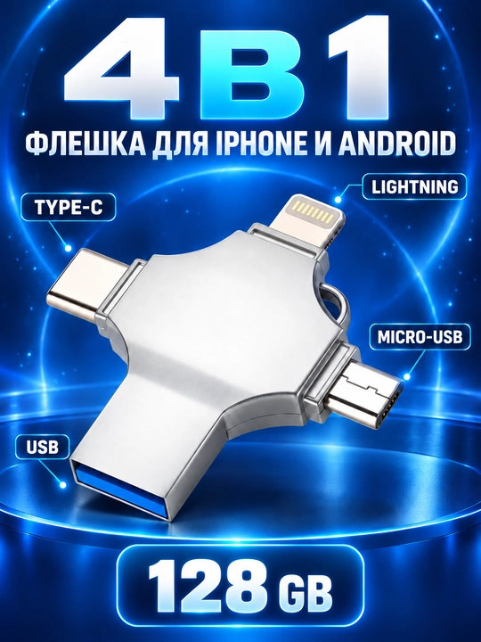 Флешка 4 в 1 для iPhone (до 12), Android, Mac, Window 128 ГБ, 256 ГБ, 512 ГБ, 1 ТБ