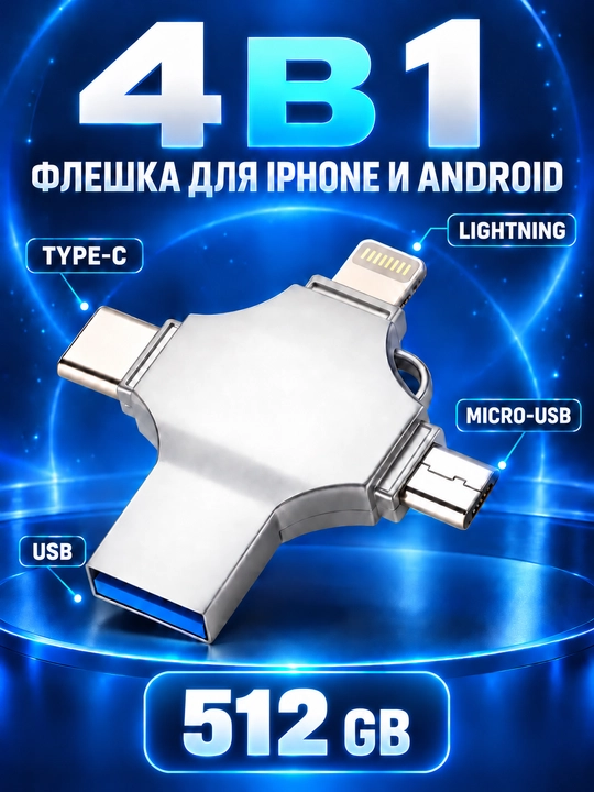Флешка 4 в 1 для iPhone (до 12), Android, Mac, Window 128 ГБ, 256 ГБ, 512 ГБ, 1 ТБ
