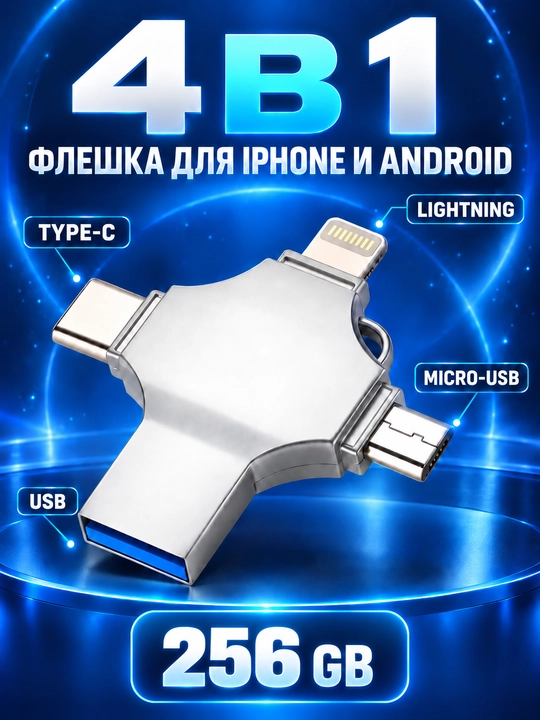 Флешка 4 в 1 для iPhone (до 12), Android, Mac, Window 128 ГБ, 256 ГБ, 512 ГБ, 1 ТБ