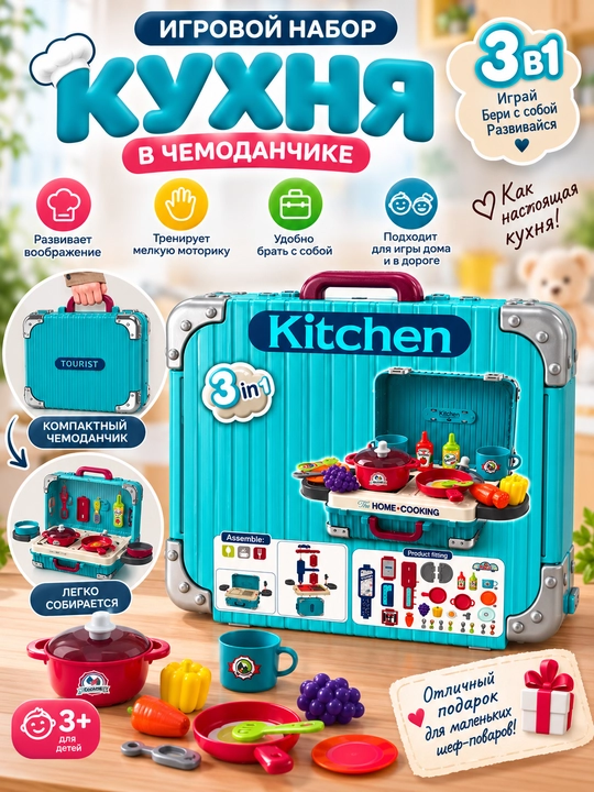 Детский игровой набор «Кухня», 3 в 1, набор юного повара с посудой и продуктами