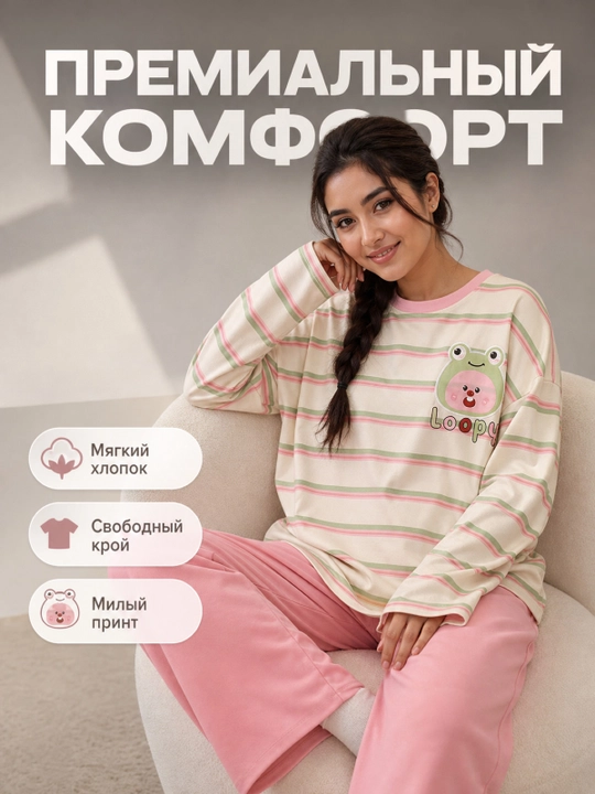 Пижама женская с брюками и длинным рукавом - 