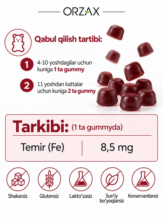 Ocean Gummies Iron — temir, C, B6 va B12 vitaminlari bilan, 60 gummy, Halol.