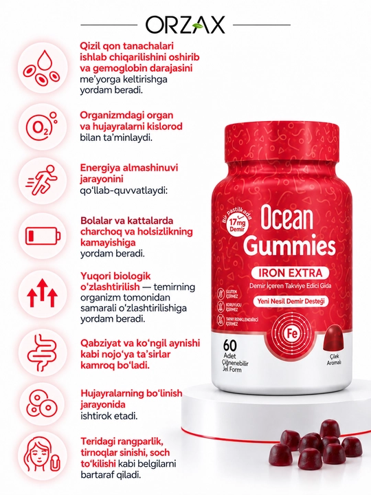 Ocean Gummies Iron — temir, C, B6 va B12 vitaminlari bilan, 60 gummy, Halol.