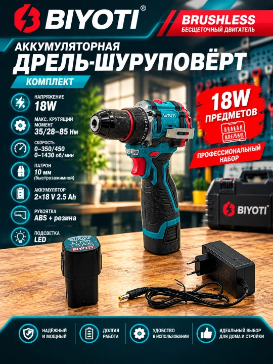 Отвертка Biyoti профессиональная мощная, 18В-48В - 