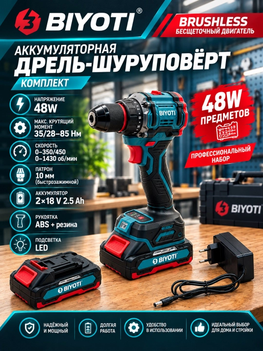 Отвертка Biyoti профессиональная мощная, 18В-48В - 