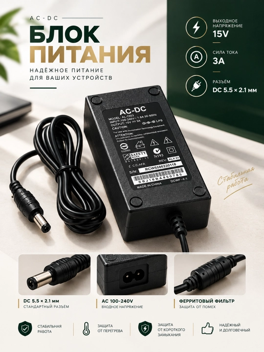 AC-DC адаптер 15V 3A — Switching Power Supply - 