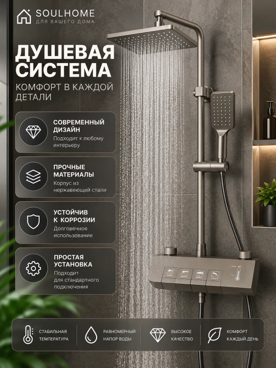 Душевая система 4 в 1, тропический душ с дисплеем, смеситель - 