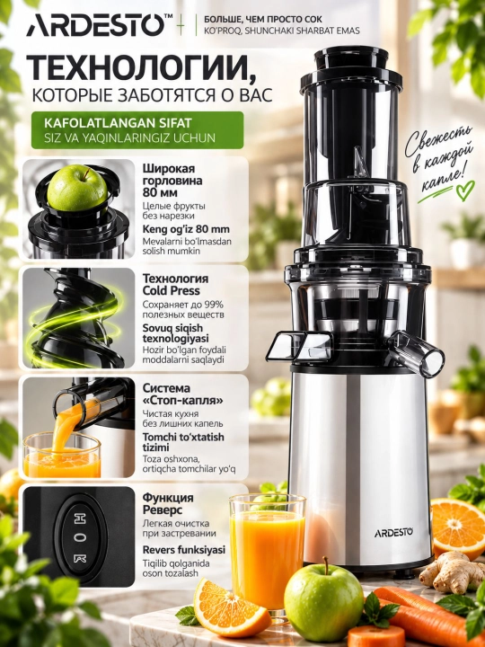 Шнековая соковыжималка Ardesto JEG-1330SL, 200Вт, 0.6л, 80мм, реверс