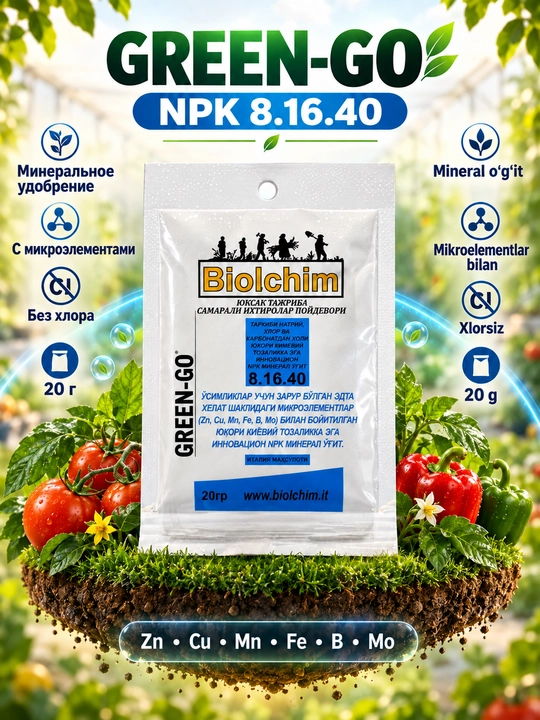 Biolchim GREEN-GO NPK 8-16-40 mikroelementli mineral o‘g‘it, 20 g - 