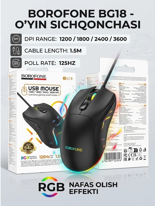 Borofone BG18 Valeroso gaming sichqonchasi, 7 tugma, RGB, 3600 DPI, USB - 