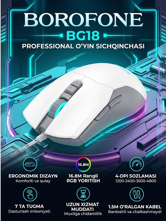 Borofone BG18 Valeroso gaming sichqonchasi, 7 tugma, RGB, 3600 DPI, USB
