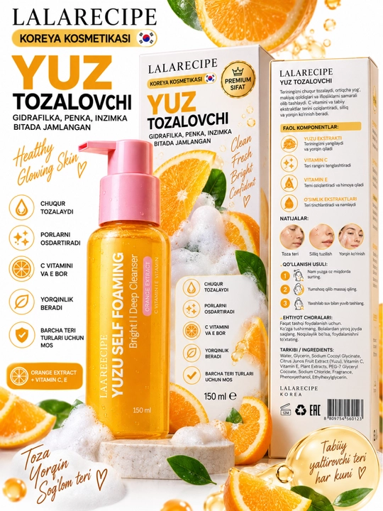 Yuz yuvish ko‘pigi LALARECIPE Yuzu 3 in 1 tozalovchi penka 200 ml