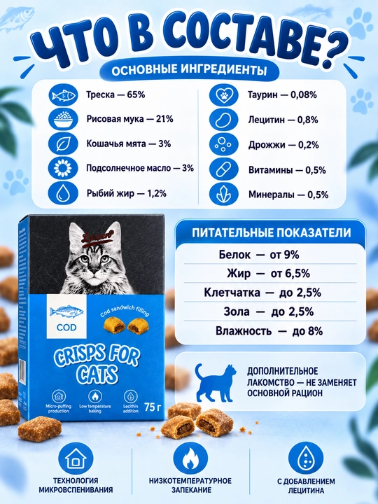 Linsen mushuklar uchun quruq ozuqa, letsitin va taurin qo‘shilgan qarsildoq yegulik, 75 g