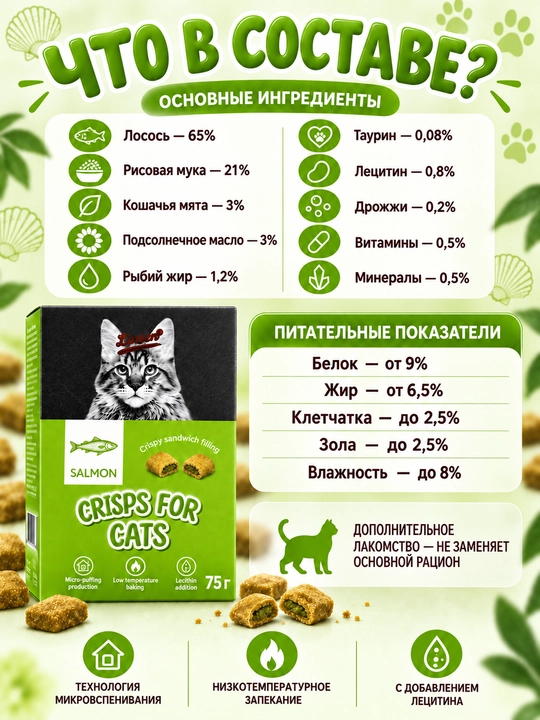 Linsen mushuklar uchun quruq ozuqa, letsitin va taurin qo‘shilgan qarsildoq yegulik, 75 g