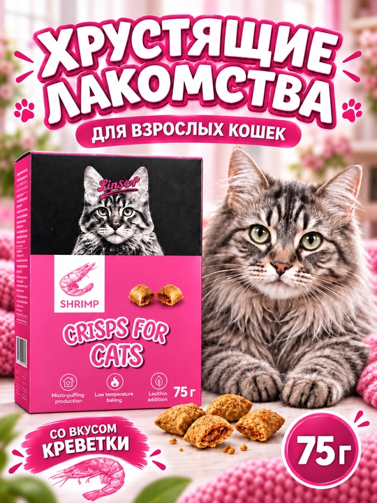 Сухой корм для кошек Linsen, хрустящие лакомства, с добавлением лецитина и таурина, 75 г - 