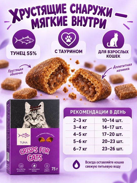 Linsen mushuklar uchun quruq ozuqa, letsitin va taurin qo‘shilgan qarsildoq yegulik, 75 g