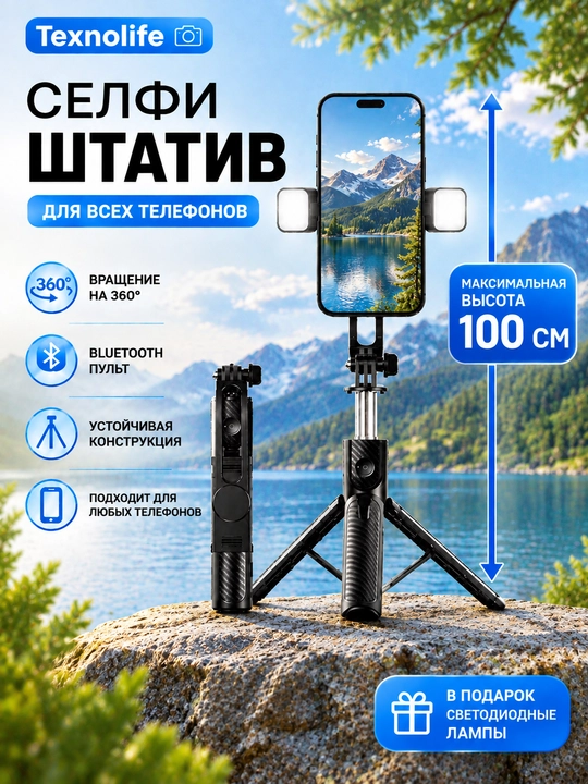 Штатив для телефона, 100 см, 2 LED фонаря подарок и Bluetooth: монопод, селфи-палка - 