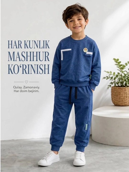 2-6 yoshli o‘g‘il bolalar uchun ikki qismli sport kostyumi: svitshot va shim, paxta to‘plamidan iborat