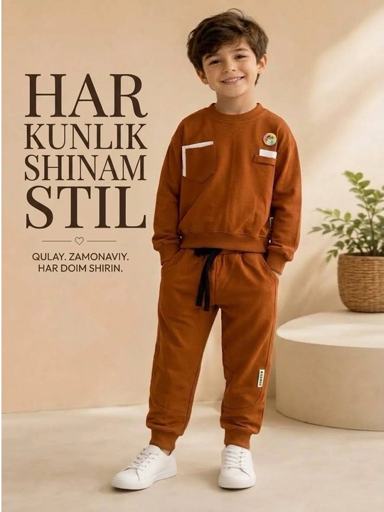 2-6 yoshli o‘g‘il bolalar uchun ikki qismli sport kostyumi: svitshot va shim, paxta to‘plamidan iborat