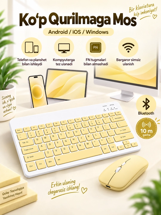 Simsiz Bluetooth klaviatura va sichqoncha, zaryadlanuvchi, Android iOS Windows