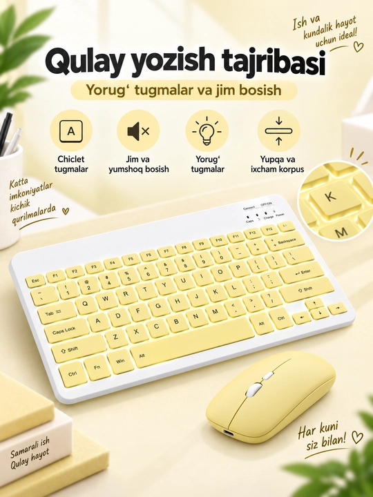 Simsiz Bluetooth klaviatura va sichqoncha, zaryadlanuvchi, Android iOS Windows