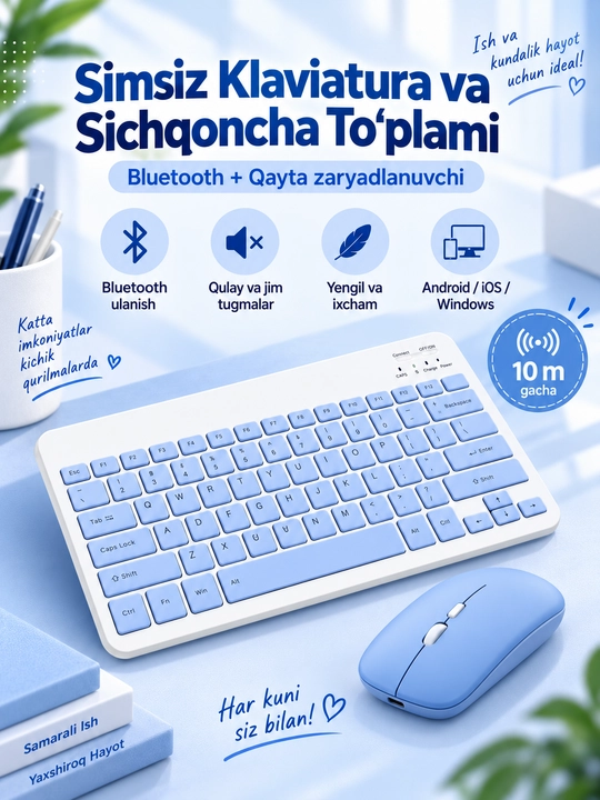 Simsiz Bluetooth klaviatura va sichqoncha, zaryadlanuvchi, Android iOS Windows - 