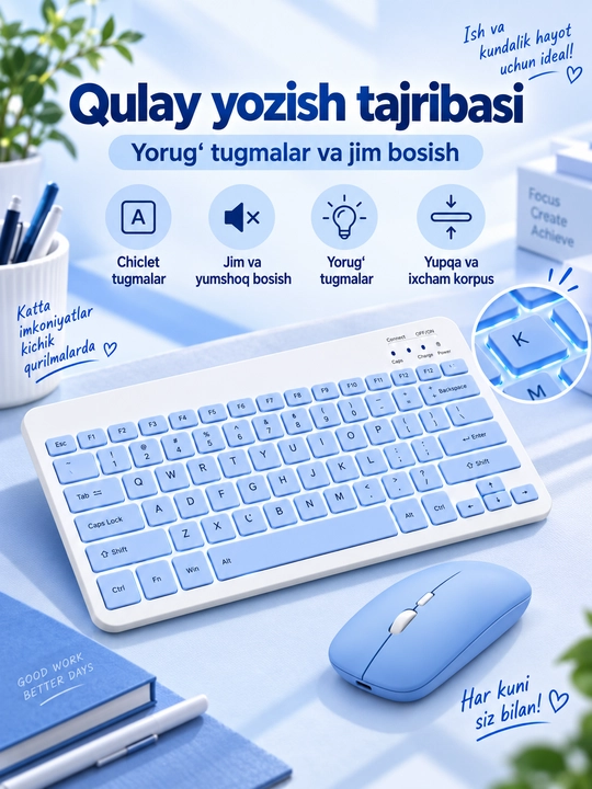 Simsiz Bluetooth klaviatura va sichqoncha, zaryadlanuvchi, Android iOS Windows