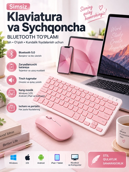 Simsiz Bluetooth klaviatura va sichqoncha, zaryadlanuvchi, Android iOS Windows