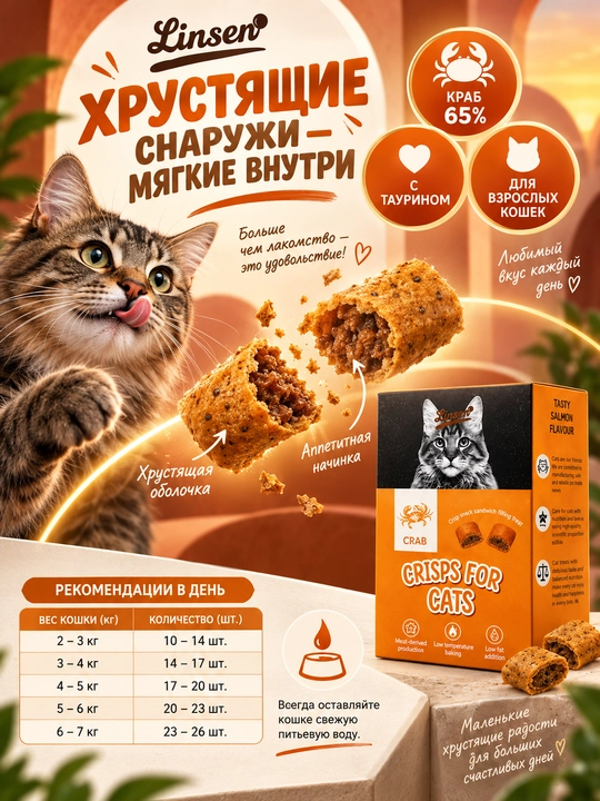 Linsen mushuklar uchun quruq ozuqa, letsitin va taurin qo‘shilgan qarsildoq yegulik, 75 g