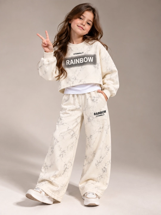 Qizlar uchun bej rangli sport kostyumi-dvoyka, svitshot va keng shim, 3–7 yosh
