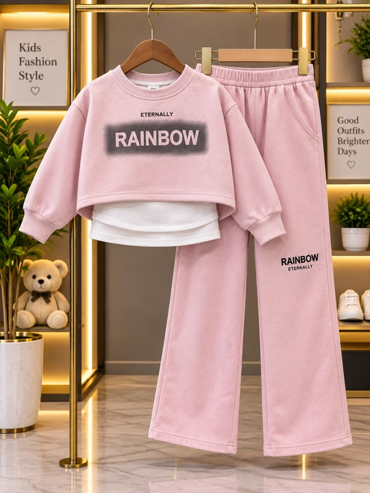 Qizlar uchun bej rangli sport kostyumi-dvoyka, svitshot va keng shim, 3–7 yosh