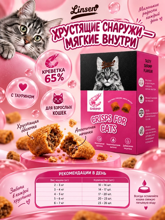 Linsen mushuklar uchun quruq ozuqa, letsitin va taurin qo‘shilgan qarsildoq yegulik, 75 g