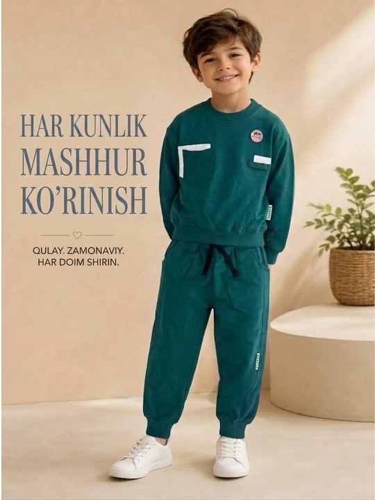2-6 yoshli o‘g‘il bolalar uchun ikki qismli sport kostyumi: svitshot va shim, paxta to‘plamidan iborat