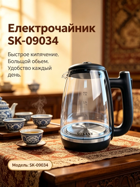 Электрочайник SOKANY SK-09034, стекло, 1.8 л, 1800 Вт, LED, защита от сухого хода