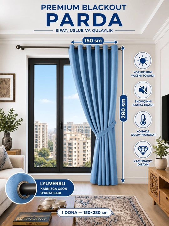 Premium Blackout parda, lyuversli, 150×280 sm, 2 dona, zamonaviy dizayn, sifatli mato