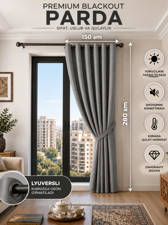 Premium Blackout parda, lyuversli, 150×280 sm, 2 dona, zamonaviy dizayn, sifatli mato