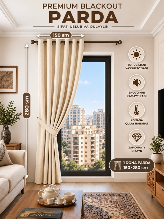 Premium Blackout parda, lyuversli, 150×280 sm, 2 dona, zamonaviy dizayn, sifatli mato
