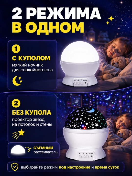 Ночник 3D проектор звездного неба, светильник светодиодный вращающийся, подарок ребенку