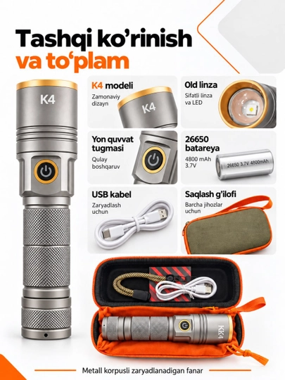 K4 yorug‘lik diodli fonari, USB quvvatlash qurilmasi, akkumulyator, metall korpus - 
