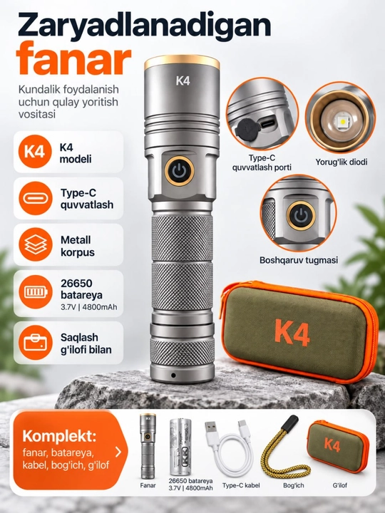 Светодиодные фонарик K4, USB-зарядка, аккумулятор , металлический корпус