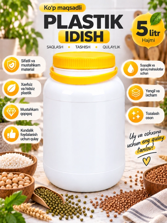 Plastik banka qopqoqli, oziq-ovqat saqlash idishi 1L 2L 3L 5L - 