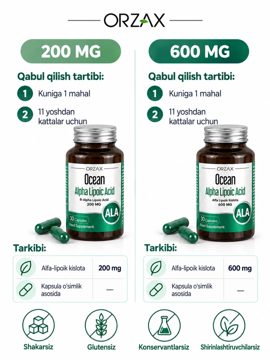 Альфа - липолевая кислота  200 мг-600 мг БАД Orzax Ocean Alpha Lipoic acid (30 таблеток)