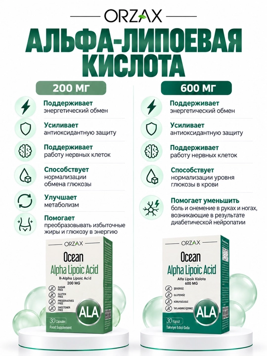 Альфа - липолевая кислота  200 мг-600 мг БАД Orzax Ocean Alpha Lipoic acid (30 таблеток)