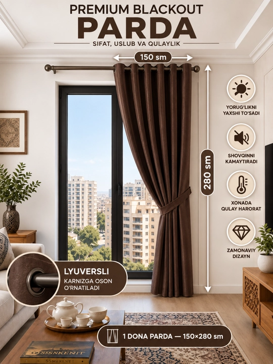 Premium Blackout parda, lyuversli, 150×280 sm, 2 dona, zamonaviy dizayn, sifatli mato