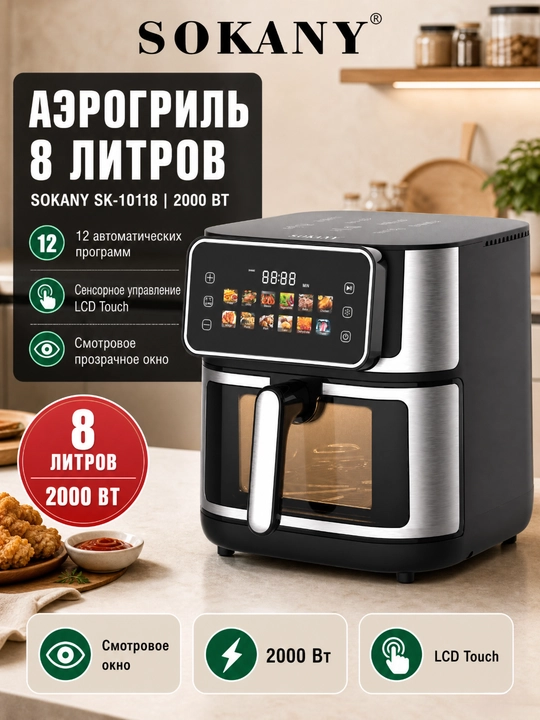 SOKANY SK-10118 Aerogrill 8 l, 2000 Vt, ko‘rish oynasi, sensorli LCD, 12 ta dastur