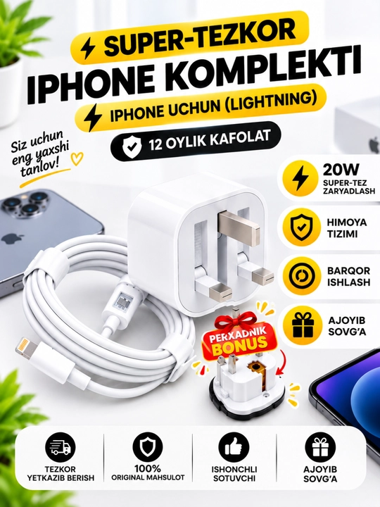 IPhone uchun zaryadchik, zaryadnik tez zaryadlovchi 20 Vt, Type-Cdan Lightning kabel bilan - 
