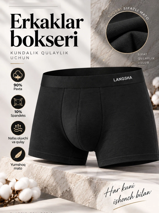 Erkaklar trusigi, paxtali bokserlar, yumshoq va qulay ichki kiyim, elastik belbog‘li, - 