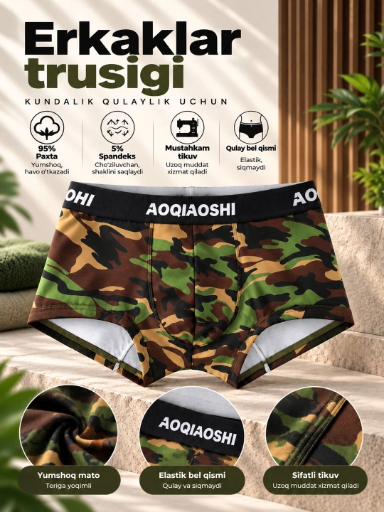 Erkaklar trusigi, paxtali bokserlar, yumshoq va qulay ichki kiyim, elastik belbog‘li, - 