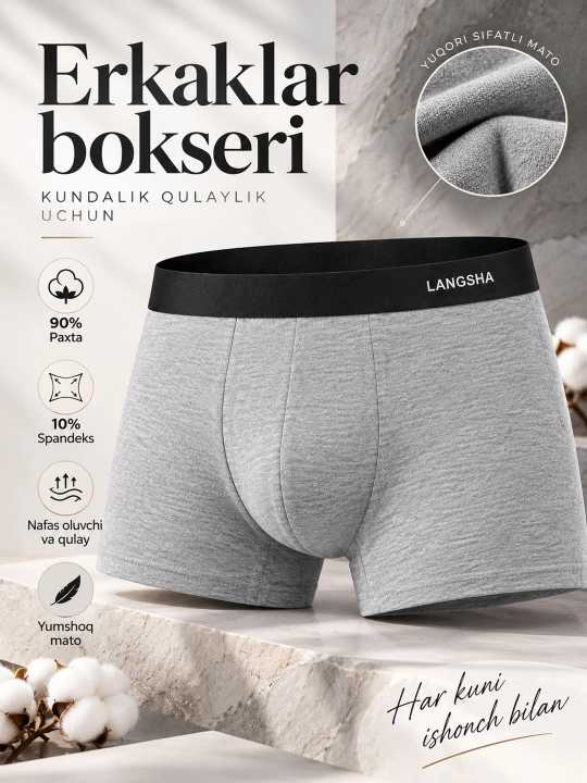 Erkaklar trusigi, paxtali bokserlar, yumshoq va qulay ichki kiyim, elastik belbog‘li, - 