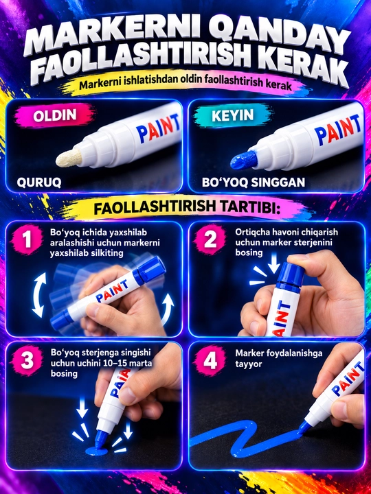 Marker-bo‘yoq, suvga chidamli, turli yuzalar uchun